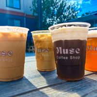Close up image of four drinks from the fall menu.  at Muse Coffee Truck in Austin