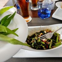 This is what kang kung looks like when it's not cooked. The friendly staff got me these leaves to show me.. at Malaveli Restaurant  in Dhigurah