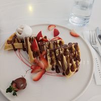 Vegan Strawberry and chocolate waffle. They have a small vegan menu with waffles, and few other desserts at Haute Dolci in Edinburgh