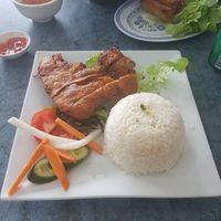 Crispy soy chicken with rice at World Vegan in Cabramatta