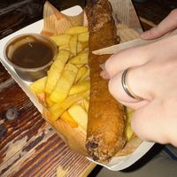 Faggis supper with added brown sauce   at Happy Fish at The Dog House in Edinburgh