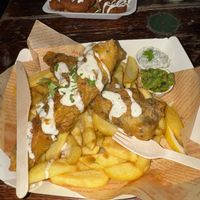 Funk fish supper with side of onion rings   at Happy Fish at The Dog House in Edinburgh