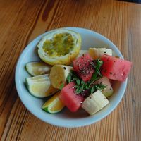 Seasonal fresh fruit. Watermelon, banana, orange, pineapple, passion fruit at Cafe Campestre in Ometepe