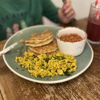 American pancakes with tofu scramble & beans  at Meo Cafe in Brighton