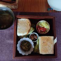 Breakfast - miso soup, salad sandwiches, vegetables, nuts at SUZUSHIRO in Tanabe