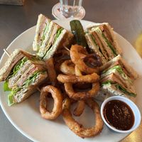 Vegan club with onion rings  at Stray Dog in Minneapolis