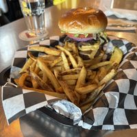 Junk burger with fries   at Stray Dog in Minneapolis