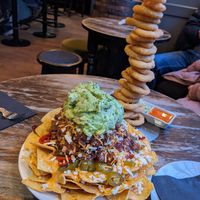 "regular" vegan nachos and onion rings at The Auld Hoose in Edinburgh
