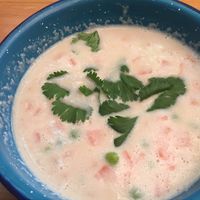 Vegetable soup in coconut milk broth at La Jícara Librespacio Cultural in Oaxaca