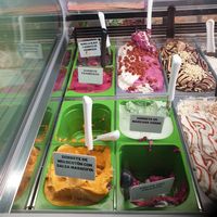 Helados veganos en recipientes de color verde at Helados Elodia in Tomelloso