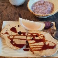 Vegan pancakes and strawberry Chia pudding at Earth Hostel - Nikko Riverhouse in Nikko
