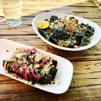 The Purple Taquitos (l) are so perfect and delicious. Kale Cesar salad (r) was too salty for my taste. at Seabirds Kitchen - The LAB in Costa Mesa