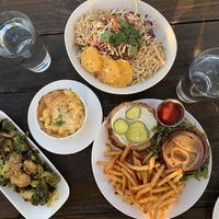 Brussels, beet burger, mac n cheese, and Chinese shiitake salad at Seabirds Kitchen - The LAB in Costa Mesa
