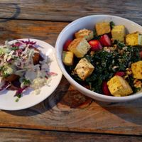 beer battered avo taco and strawberry kale salad with tofu at Seabirds Kitchen - The LAB in Costa Mesa