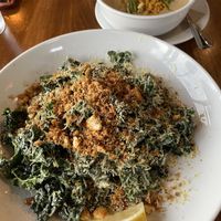 Corn chowder in the back and half size kale Caesar salad which was still huge!   at Seabirds Kitchen - The LAB in Costa Mesa
