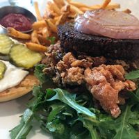 The Beets Me Burger with fried kimchi (we added it!) is so good! at Seabirds Kitchen - The LAB in Costa Mesa