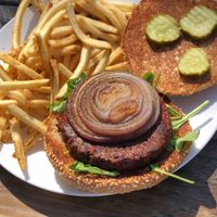 Beet burger. Omg sooo delicious! The almond butter 🤤 at Seabirds Kitchen - The LAB in Costa Mesa