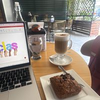 Banana bread and latte (vegan)  at Tiempos Cafe in Uvita
