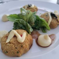 Chickpea and palm heart fritters with aioli at Elements Restaurant in Oranjestad
