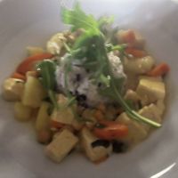 Madras Style Curry tofu dish with rice and vegetables  at Elements Restaurant in Oranjestad