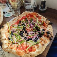 Veggies pizza with vegan cheese (olives, onion, asparagus, tenderstem) at Coastal Crust Pizza in Swanage
