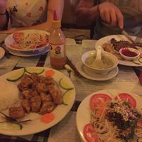 Papaya salad, veggie soup and caramel tofu with rice ☺️ at Aubergine Cafe in Hanoi