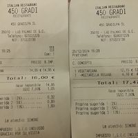 Receipt, original and "clarifying" one. Good luck making sense of them. at 450Gradi in Gran Canaria
