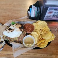 Chickpea Burger w/side of chips & salsa at Hog Hollow Pizza in Burnsville