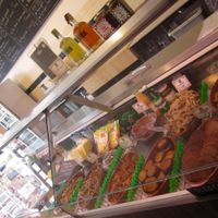 All vegan products inside the glass front 'butchers' counter at De Vegetarische Traiteur in Amsterdam