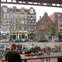 View looking out to the streets cape at De Vegetarische Traiteur in Amsterdam