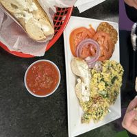 Eggless Omelet + tomatoes & Onions for the Everything bagel  at Bagel World in Poughkeepsie