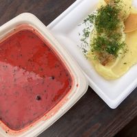 Borscht (barszcz) with its side of mashed potatoes at Wege Polka in Warsaw