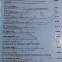 Menu section with vegetable dishes. Numbers 98, 99 and 100 are vegan, as are basmati rice and naan bread. Always ask the waiter to ensure at Shimla Germering in Germering
