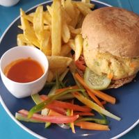 Vegetarian burger. No mayo. Hot tomato sauce. at Lazuli in Zanzibar