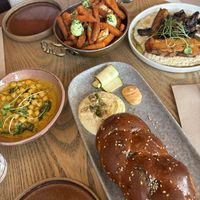 Creamy chickpeas, sweet potato fries, roasted veggies, twist breadd  at Dip Honest Food - Annecy  in Annecy
