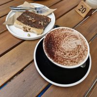 Vegan soya hot chocolate & coffee and pecan loaf at Bean & Bread Rogerstone in Newport