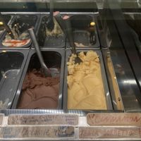 The two vegan choices: chocolate and peach sorbetto  at Sofie's Scoops Gelateria in Olympia