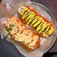 Animal-free hotdogs: Banh Mi (L) and Chicago (R)  at Fred's Dog House in Brooklyn