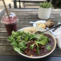 Chilli bowl, berry boost smoothie, blueberry banana bread and chocolate chip cookie. All vegan!   at Goodies Berlin - Schlachtensee in Berlin