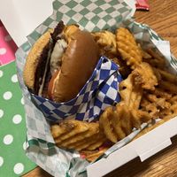 dirty burger with waffle friess  at Val's Vegan Kitchen in San Diego