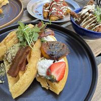 Peach waffle, hash browns and chick’n dippers  at Utter Waffle - Balham in South West London