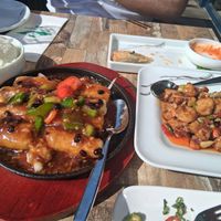 Tofu in black bean sauce & mock chicken in peanuts sauce at Tofu Vegan - Charlotte in London