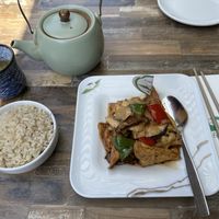 Tofu mushroom dish with brown rice and Chinese tea  at Tofu Vegan - Charlotte in London