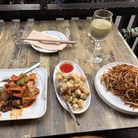 Left is vegan oyster sauce tofu , then salt n chili starter , & then noodles  at Tofu Vegan - Charlotte in London