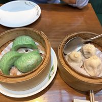 Dim Sum - chive dumplings in green, and soupy xiao in whitee  at Tofu Vegan - Charlotte in London