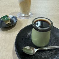 Matcha pudding and iced soy milk teaa  at MERCY Vegan Factory - Kyoto Station in Kyoto