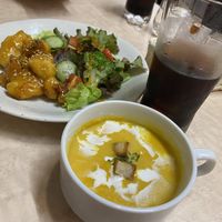 Fried cauliflower, coffee and soup of the day (pumpkin)  at MERCY Vegan Factory - Kyoto Station in Kyoto