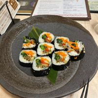 Began gimbap. ,Miso Soup  Amazingly fresh ingredients. Realised they gave me full size instead of half but no worries they didn’t say a word.  Miso is full of flavour   at MERCY Vegan Factory - Kyoto Station in Kyoto