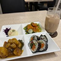 My choice of meal started with miso soup. The main course included a salad, potato salad, kimbap, sweet/sour cauliflower. Afterwards there was matcha pudding. Milk tea is included. at MERCY Vegan Factory - Kyoto Station in Kyoto