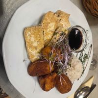Grilled tofu with teriyaki sauce, fried potatoes and jasmine rice at Sirály Étterem in Visegrad